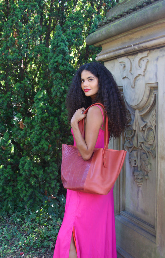 Rouge Croco - Red Leather Tote with Croc Print