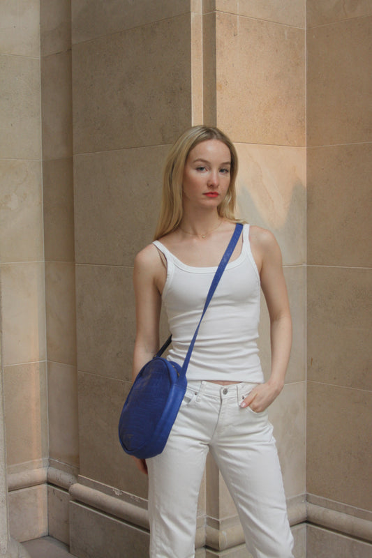 Le Bleu - Blue Round Croc Embossed Leather Crossbody