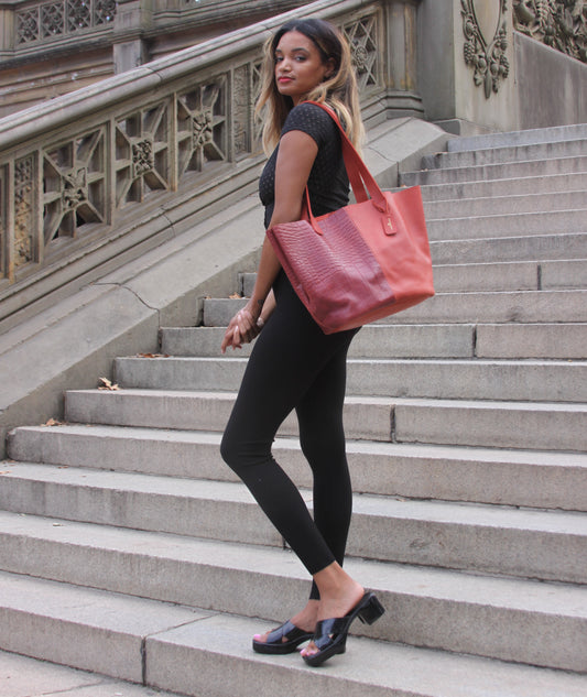 Rouge Croco - Red Leather Tote with Croc Print